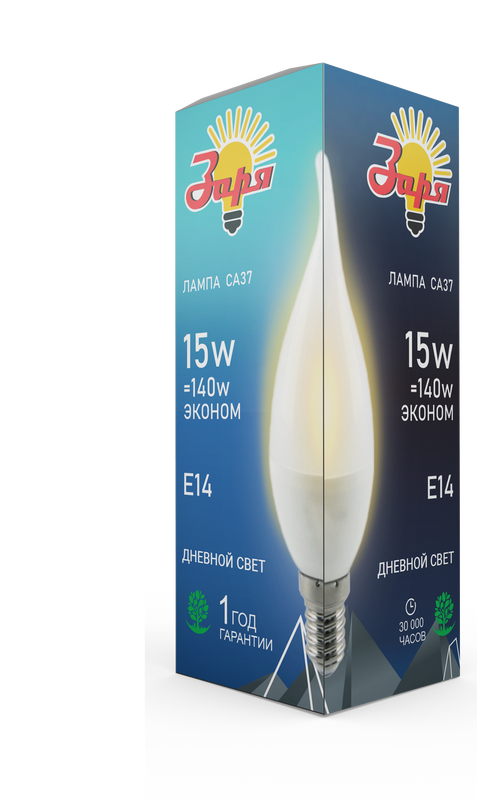 Лампа светодиодная свеча СА37 15W Е14 4000-4500К (Заря) (эконом) 
